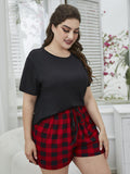 Plus Size Round Neck Tee Shirt and Plaid Shorts Lounge Set - felvior