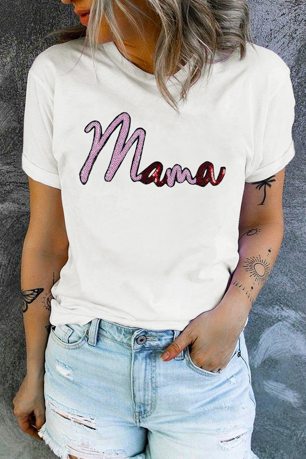 MAMA Sequin Round Neck Short Sleeve T-Shirt