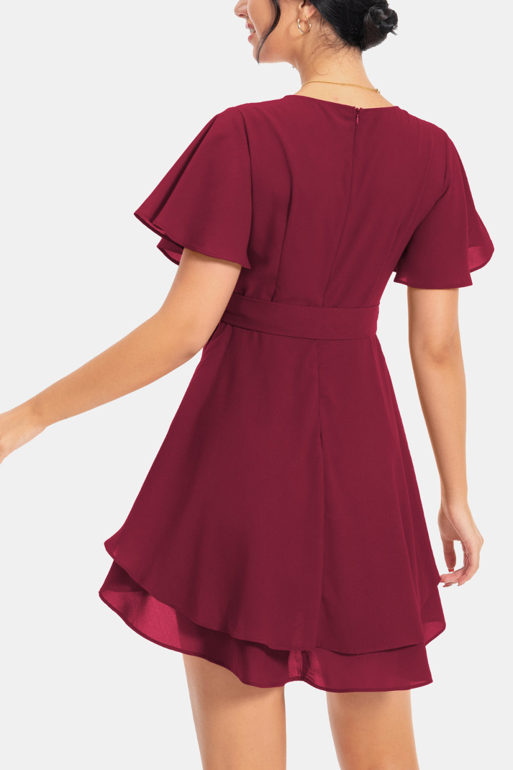 Surplice Neck Flutter Sleeve Dress - felvior