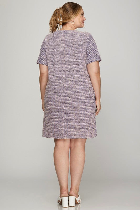 She + Sky Full Size Short Sleeve Pearl Studded Trim Knit Tweed Dress Plus Size - felvior