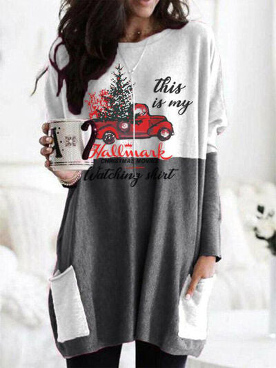 Full Size Graphic Two-Tone Round Neck Long Sleeve T-Shirt - felvior