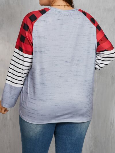 Plus Size Christmas Tree Plaid Round Neck Long Sleeve T-Shirt - felvior