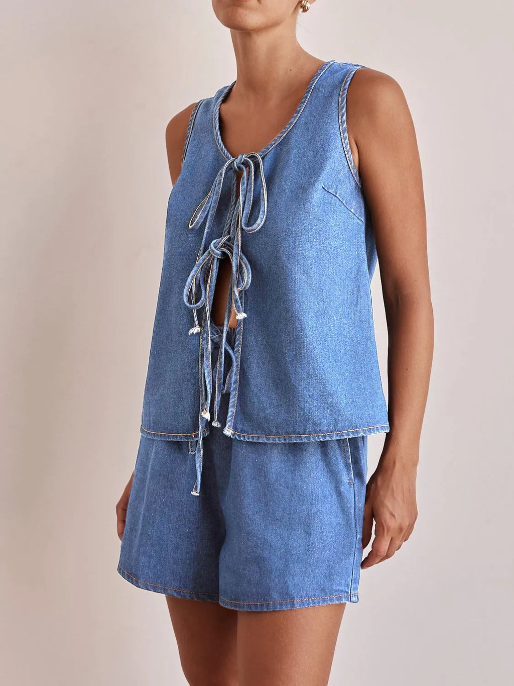 Tie Front Vest and Shorts Denim Set