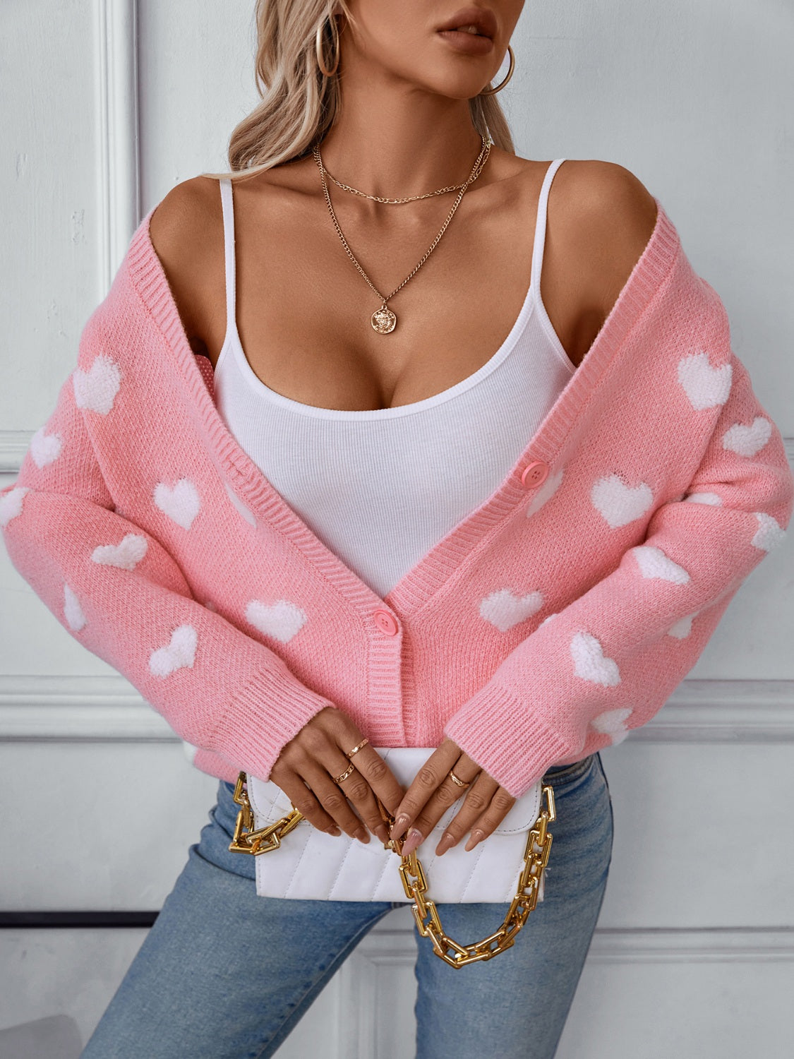 Heart V-Neck Button Up Long Sleeve Cardigan - felvior