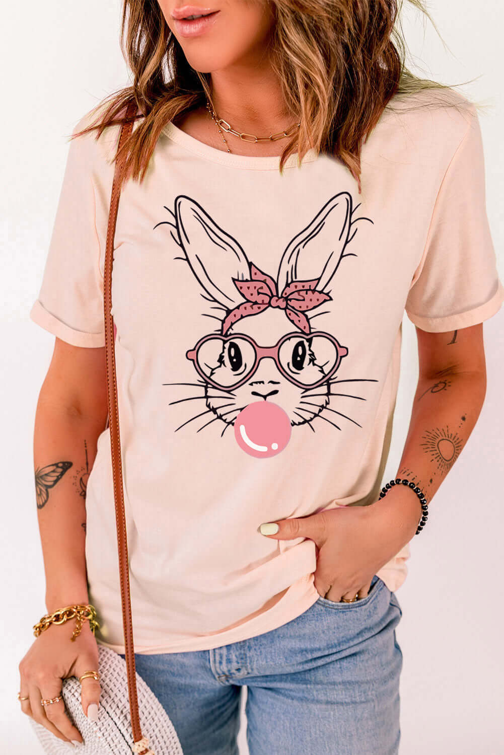 Rabbit Graphic Round Neck Short Sleeve T-Shirt Image principale du produit