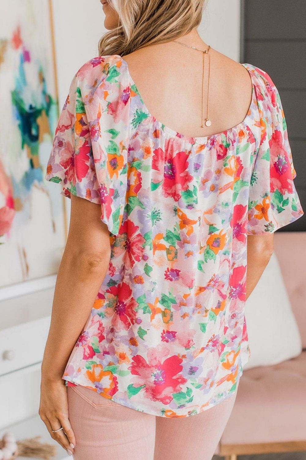 Floral Square Neck Ruffle Sleeve Blouse - felvior