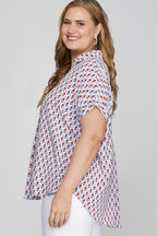 She + Sky Full Size Printed Johnny Collar Short Sleeve Blouse Plus Size