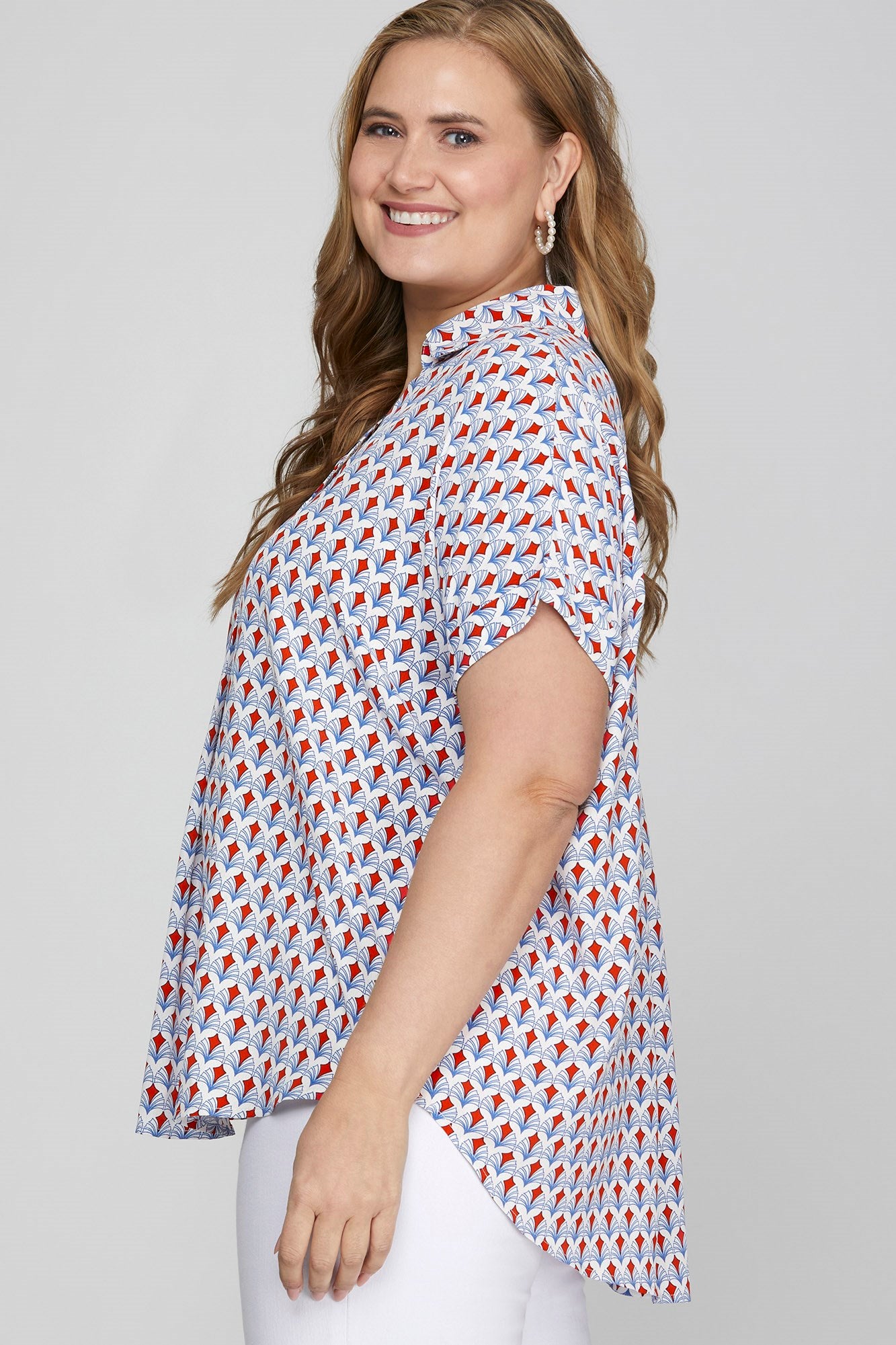 She + Sky Full Size Printed Johnny Collar Short Sleeve Blouse Plus Size