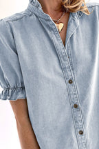 Ruffle Short Puff Sleeve Button Down Denim Shirt