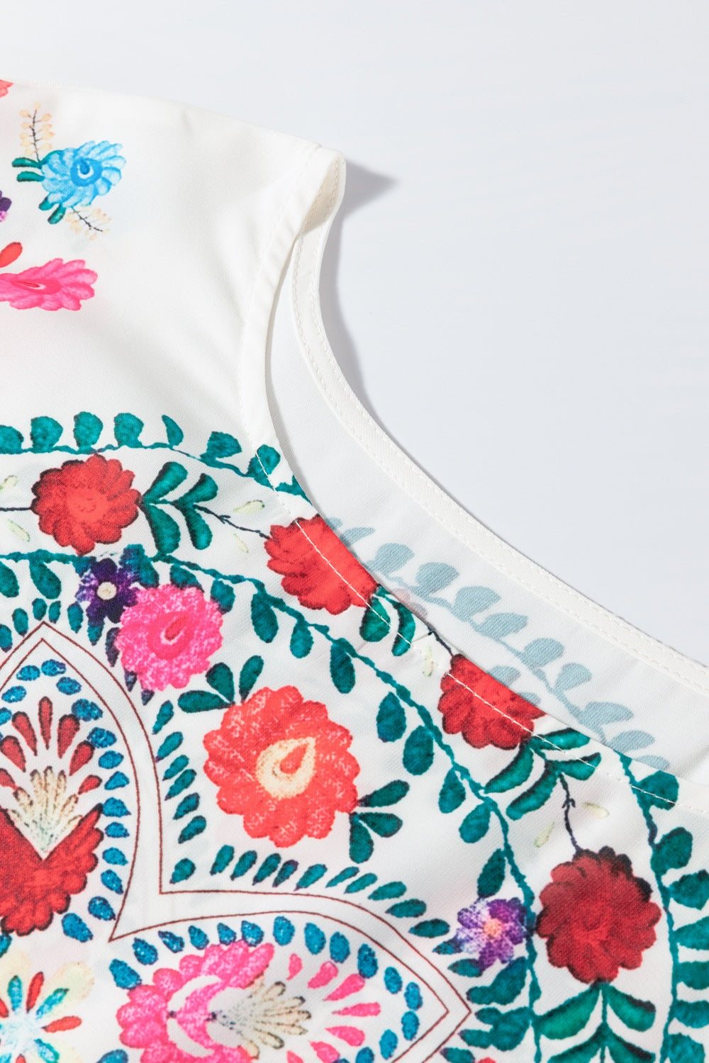 Floral Print Round Neck Ruffle Trim Blouse - felvior