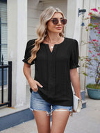Eyelet Notched Short Sleeve Top