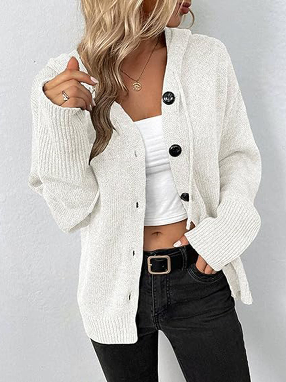 Button Up Drawstring Long Sleeve Hooded Cardigan - felvior