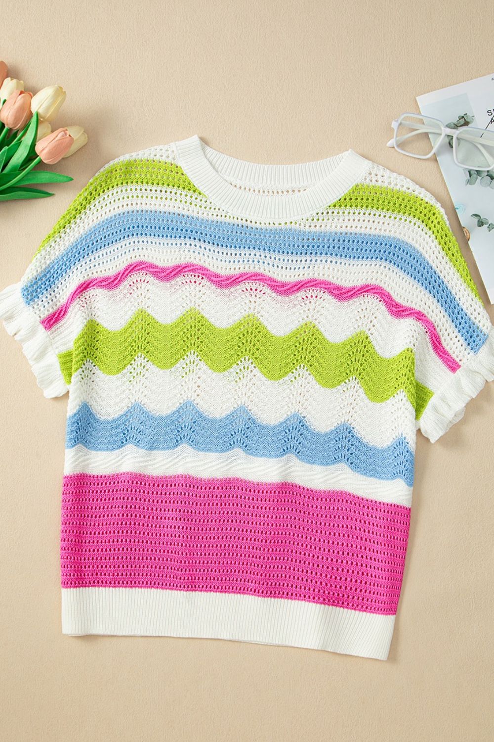 Color Block Crochet Ruffled Short Sleeve Knit Top - felvior