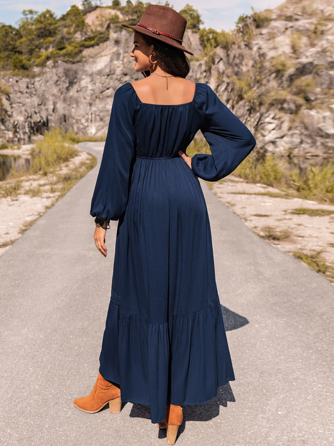 Long Sleeve Lace Trim Maxi Dress - felvior