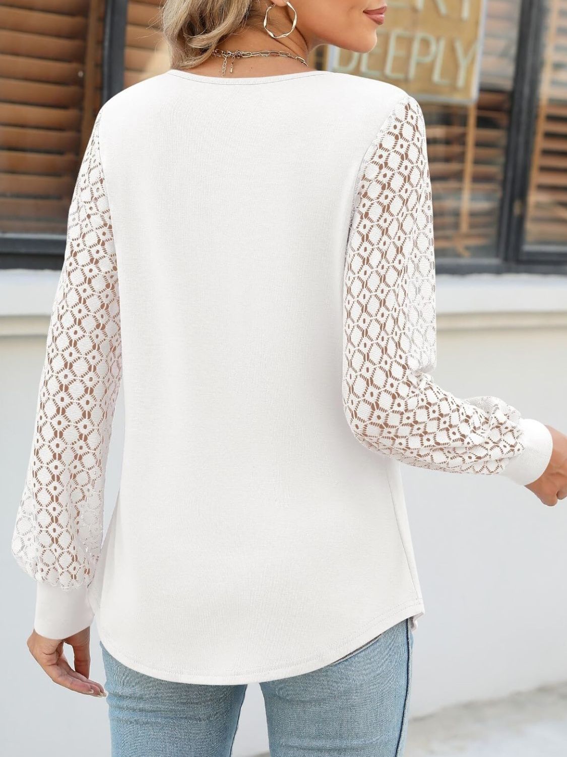 Cutout Round Neck Lace Long Sleeve Blouse - felvior