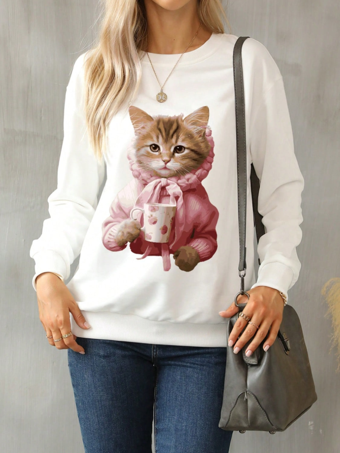 Cat Round Neck Long Sleeve Sweatshirt - felvior