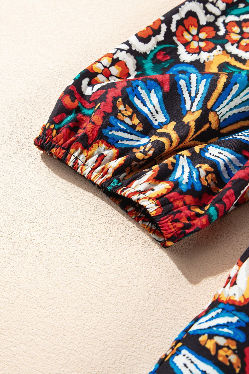 Tropical Print Puff Sleeve Knot Front Blouse - felvior