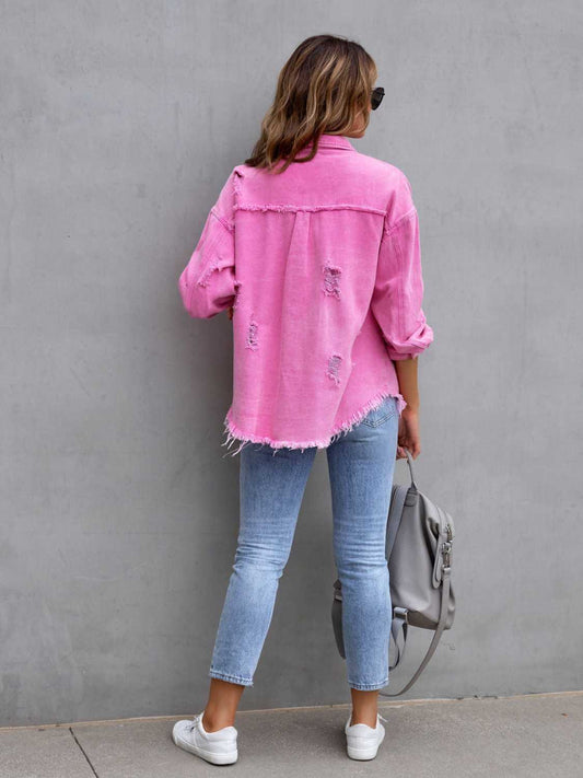 Distressed Drop Shoulder Denim Jacket - felvior