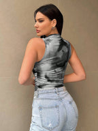 Printed Mock Neck Ruched Tank