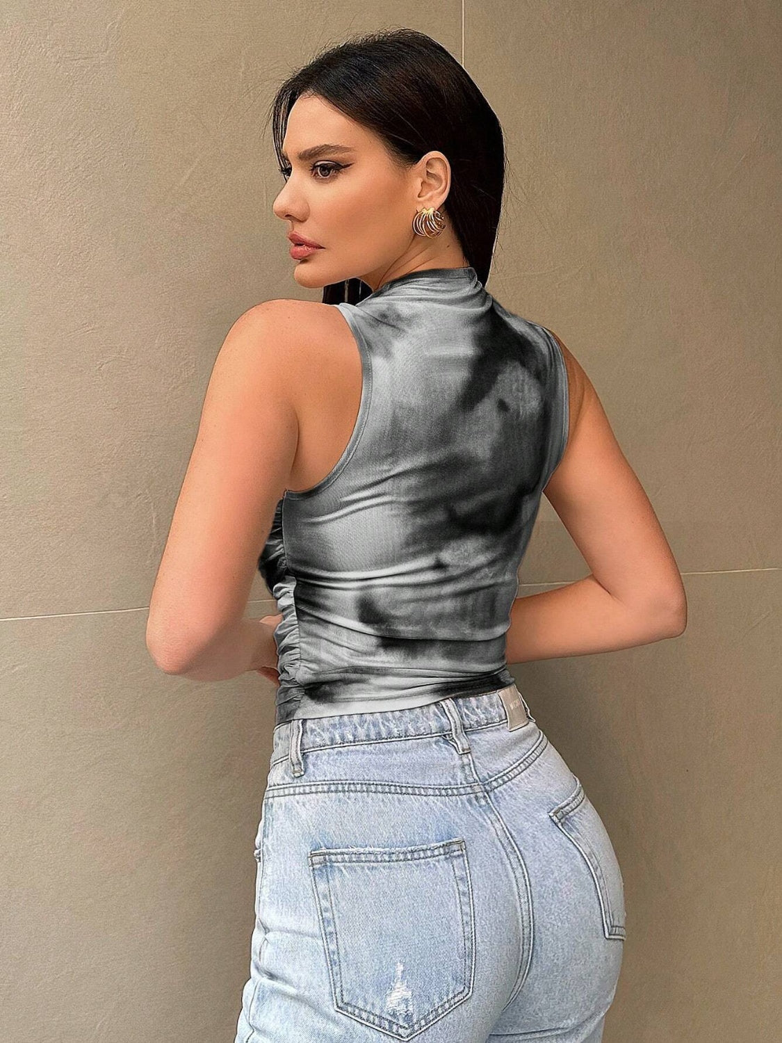 Printed Mock Neck Ruched Tank