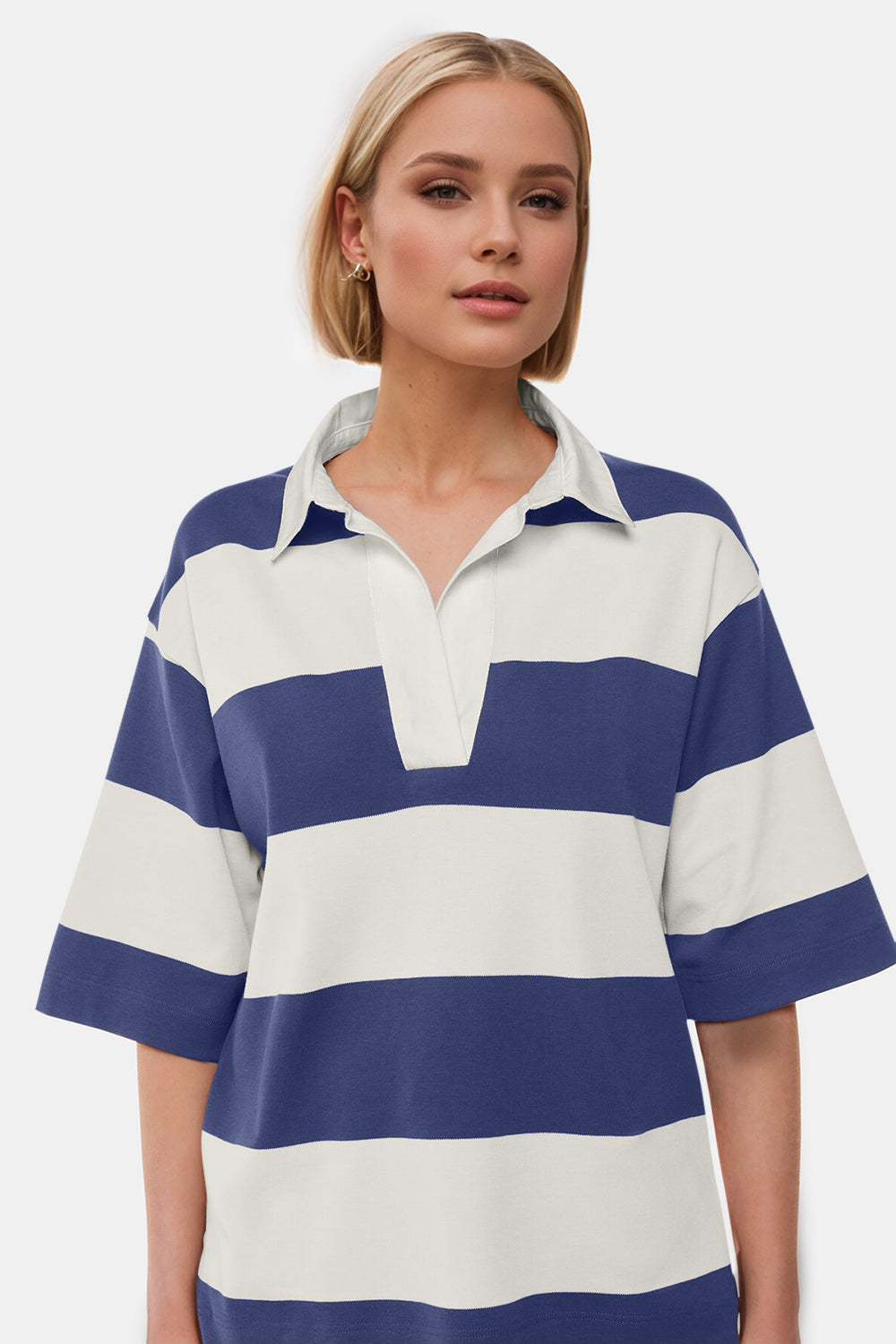 Oh Pima Cotton Wash Color Block Johnny Collar Half Sleeve Top - felvior