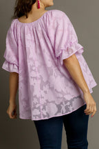 Umgee Full Size Jacquard Round Neck Ruffled Puff Sleeve Blouse Plus Size