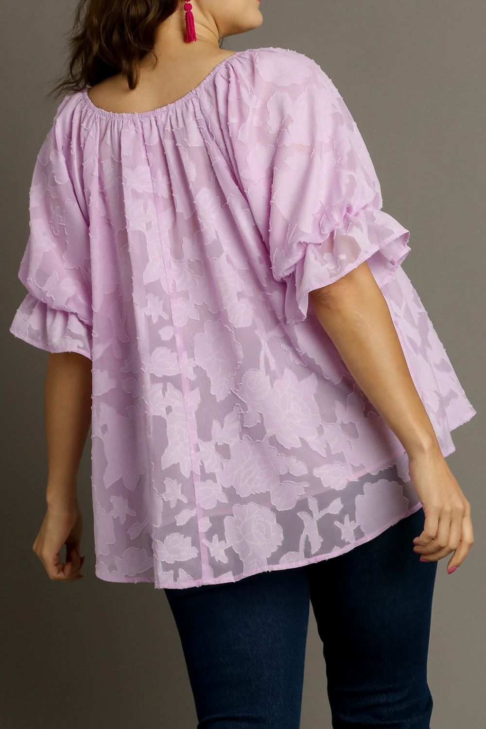 Umgee Full Size Jacquard Round Neck Ruffled Puff Sleeve Blouse Plus Size