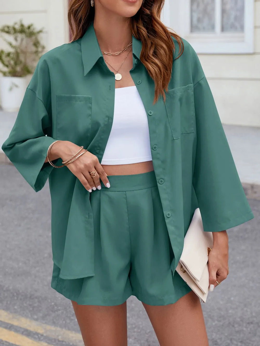 Button Up Long Sleeve Top and Shorts Set