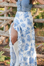 Split Asymmetrical Ruffled Printed Skirt