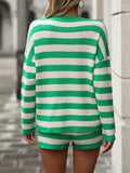 Striped Round Neck Top and Shorts Sweater Set - felvior