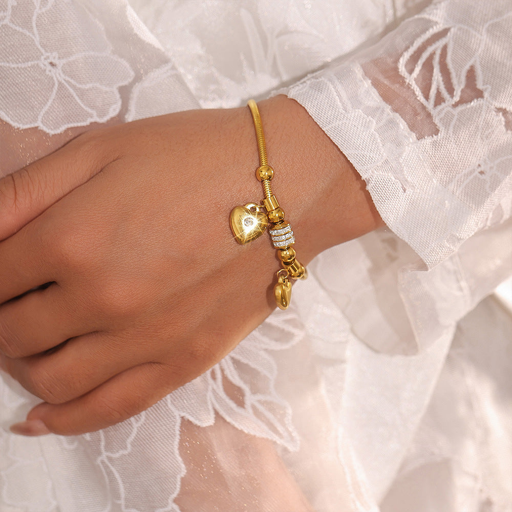 18K Gold-Plated Rhinestone Heart Charm Bracelet - felvior