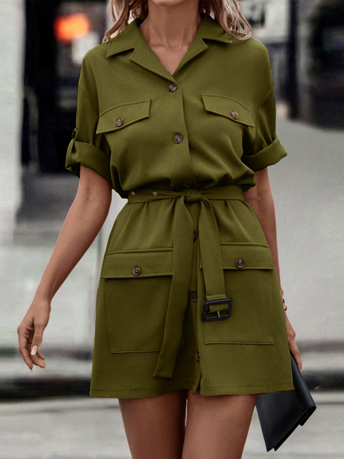 Shiny Tie Waist Collared Dress - felvior