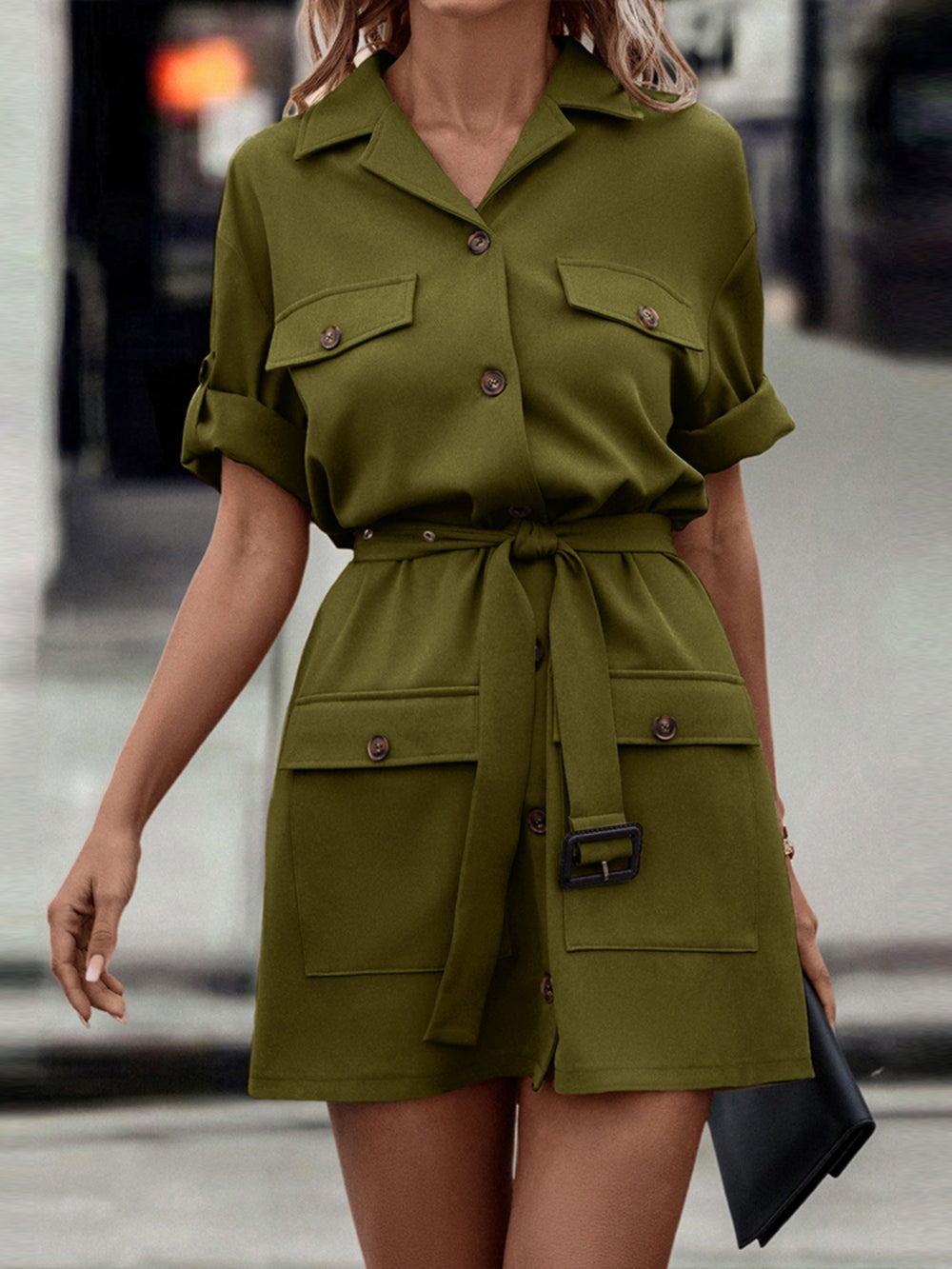 Shiny Tie Waist Collared Dress - felvior