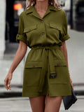 Shiny Tie Waist Collared Dress - felvior