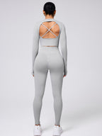 Back Crisscross Round Neck Long Sleeve Top and Leggings Active Set