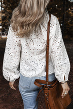 Eyelet V-Neck Long Sleeve Blouse