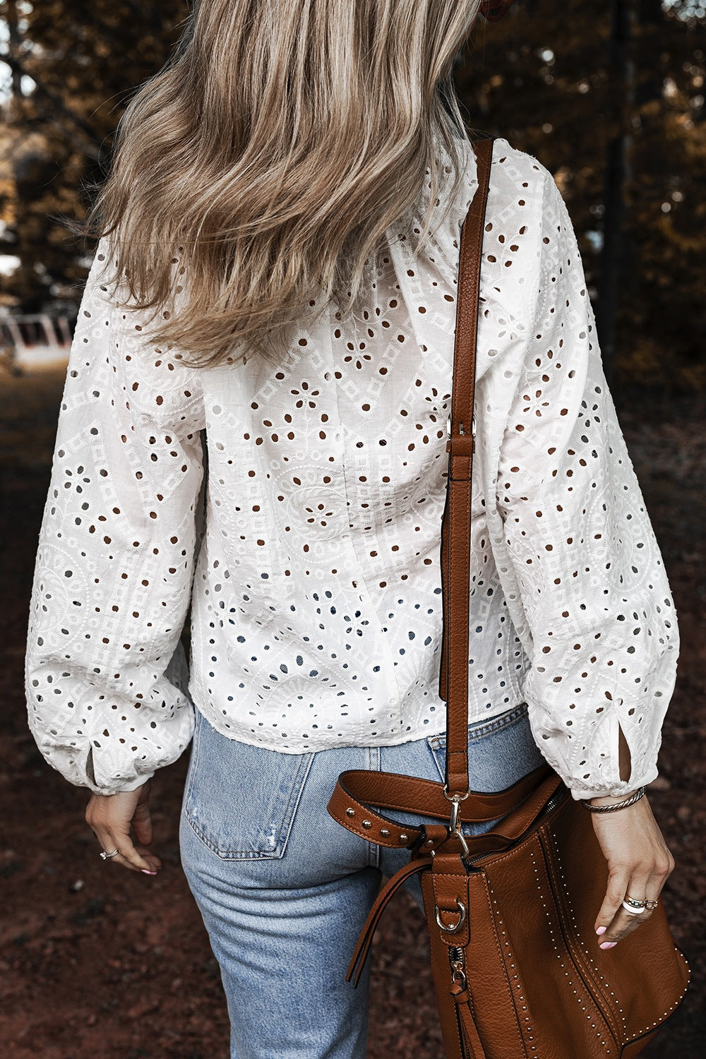 Eyelet V-Neck Long Sleeve Blouse