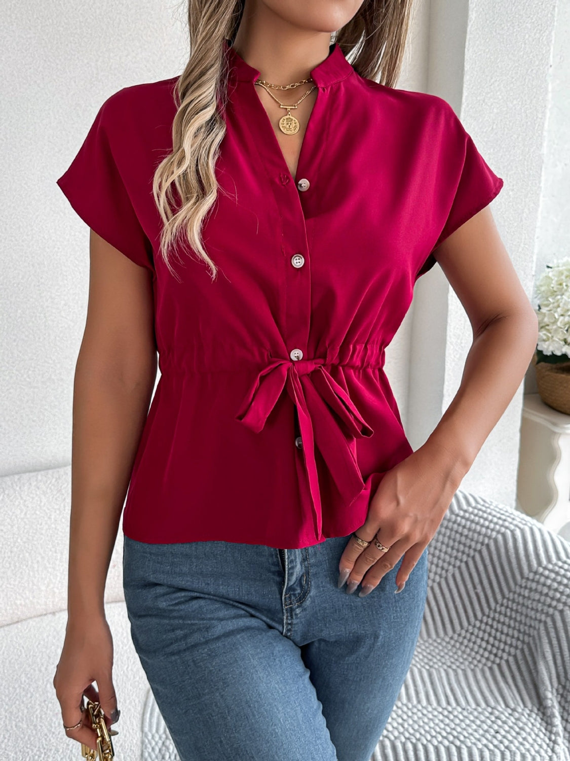 Notched Short Sleeve Blouse - felvior