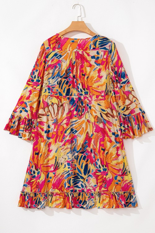 Printed Flare Sleeve Ruffled Hem Dress - felvior