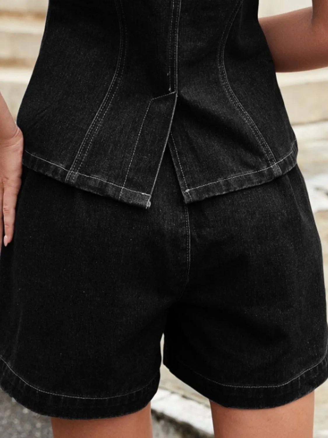 Button Down Vest and Shorts Denim Set