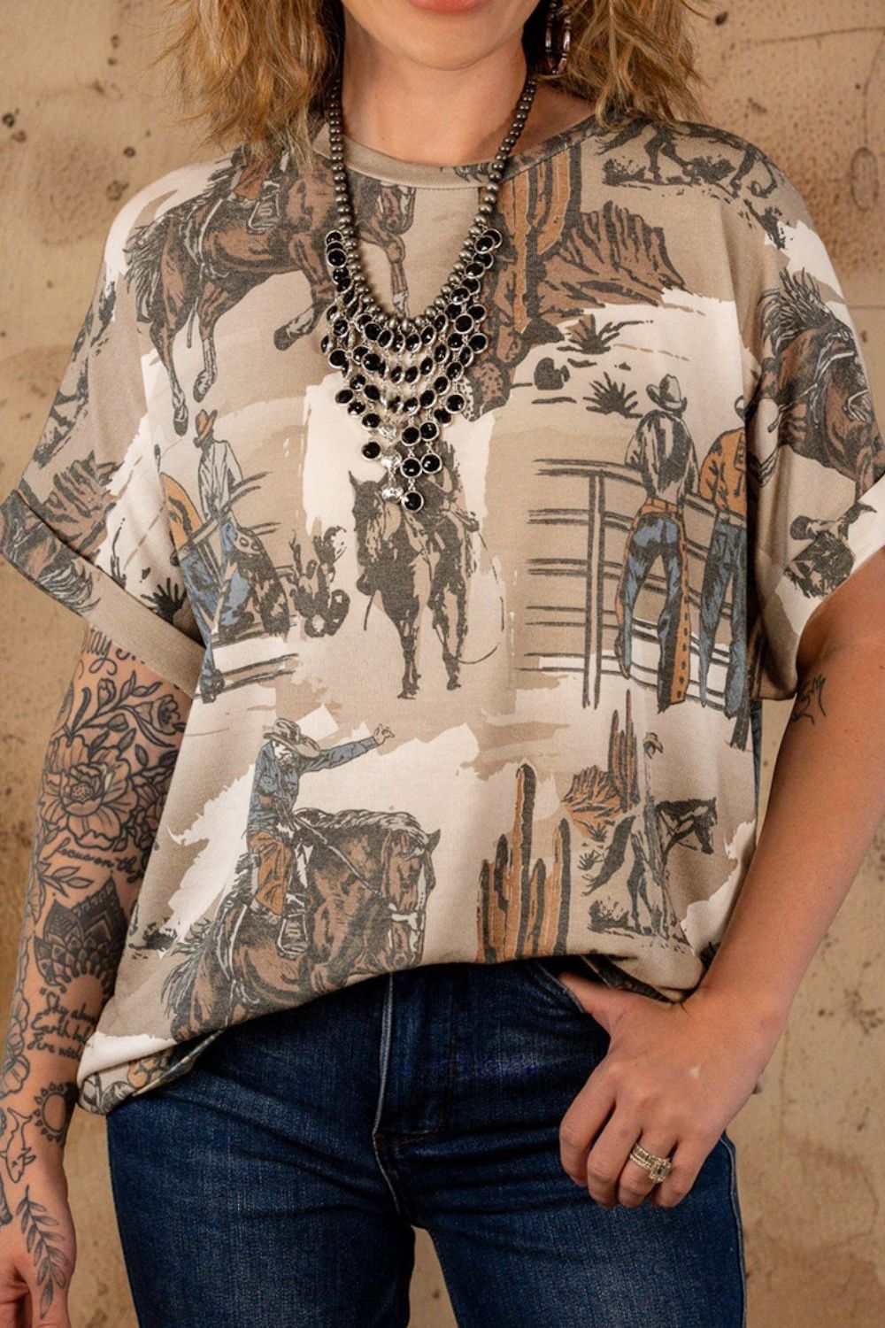 Cowboy Print Round Neck Short Sleeve T Shirt