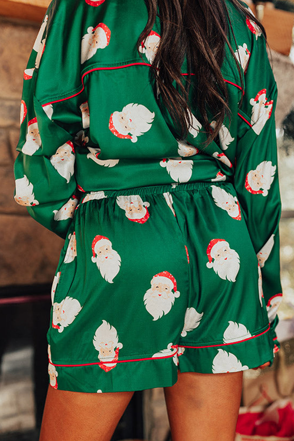 Santa Collared Neck Long Sleeve Top and Shorts Lounge Set - felvior