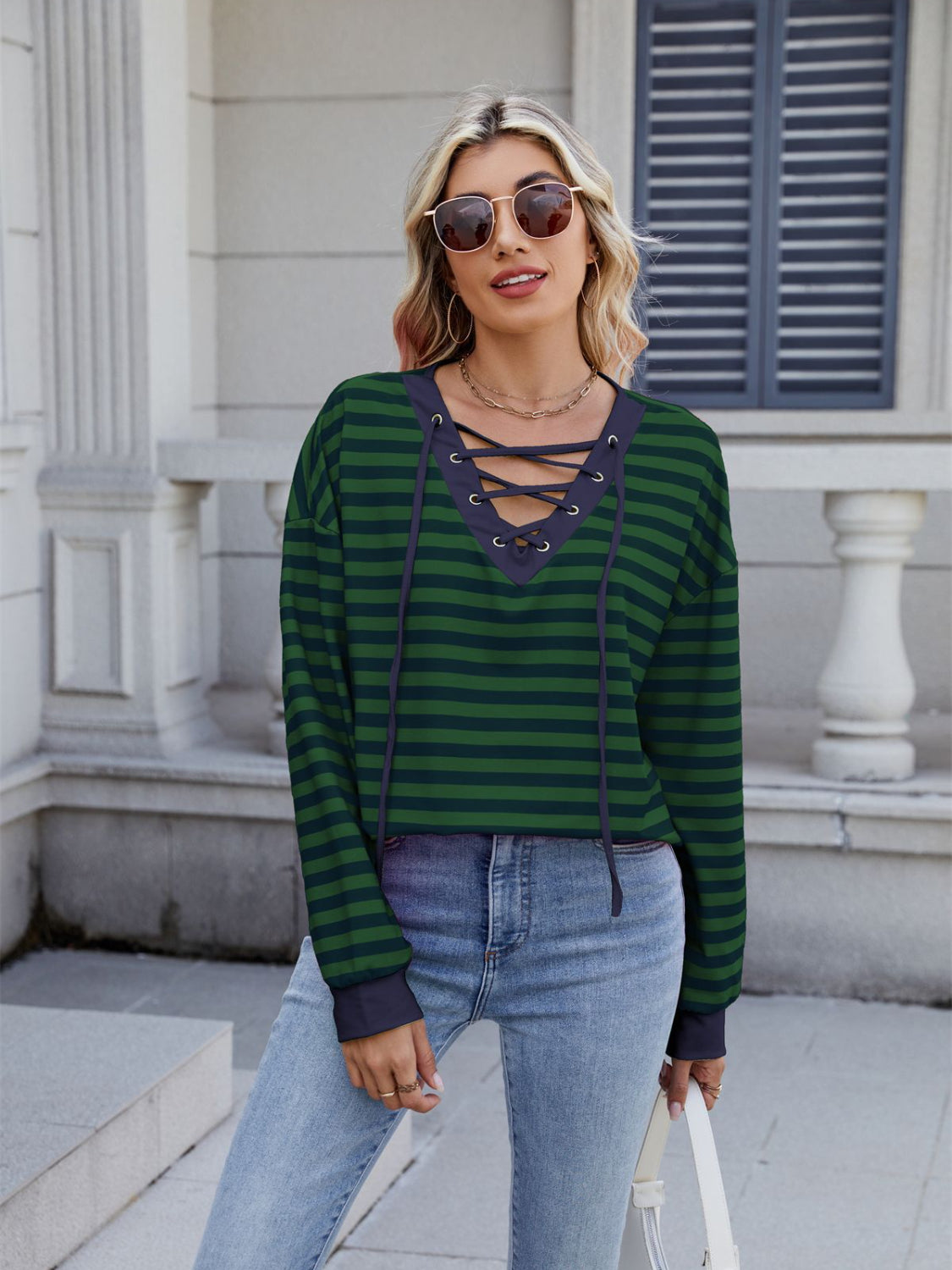 Lace-Up Striped Long Sleeve T-Shirt