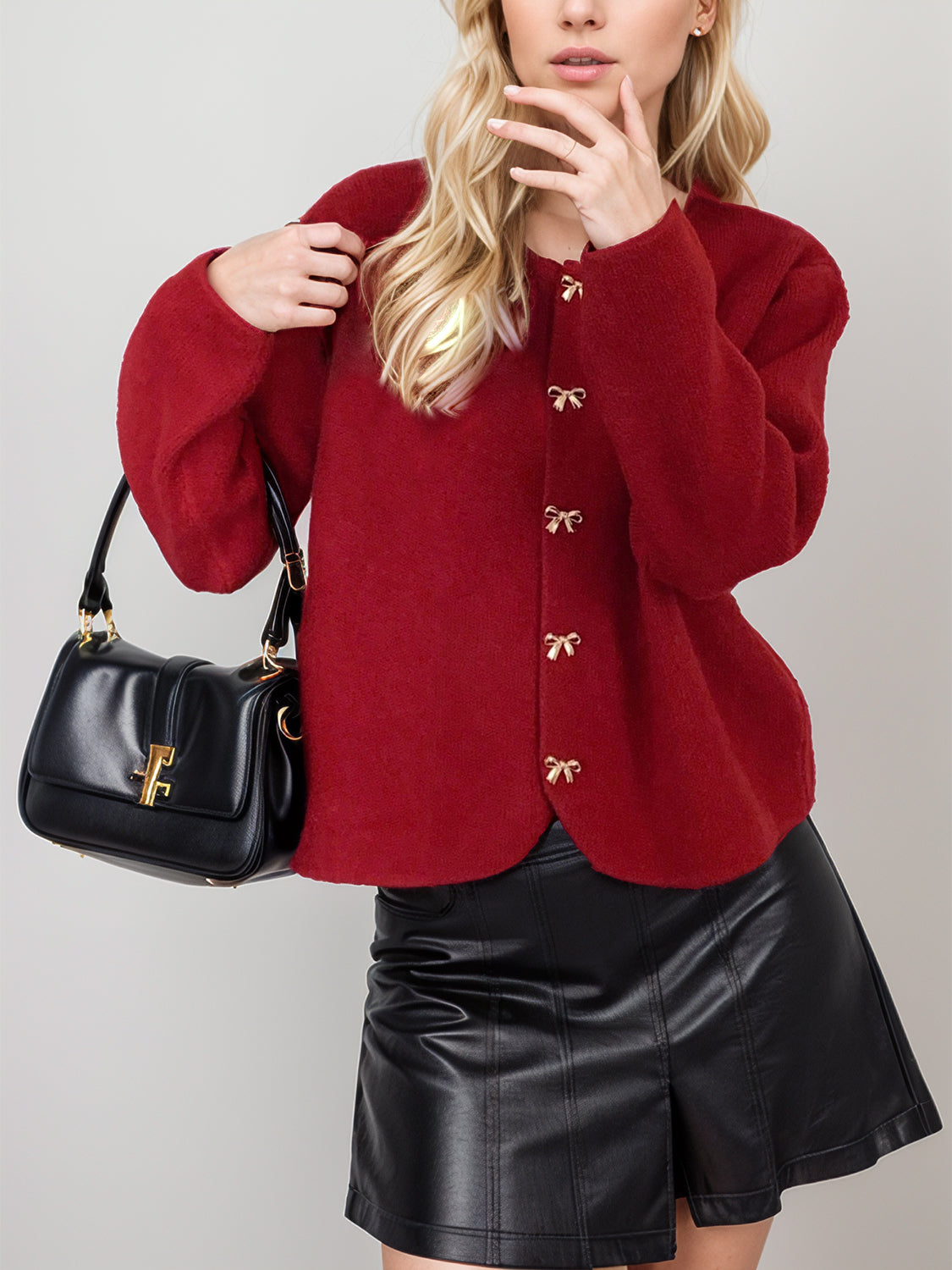 Bow Button Down Round Neck Long Sleeve Cardigan - felvior