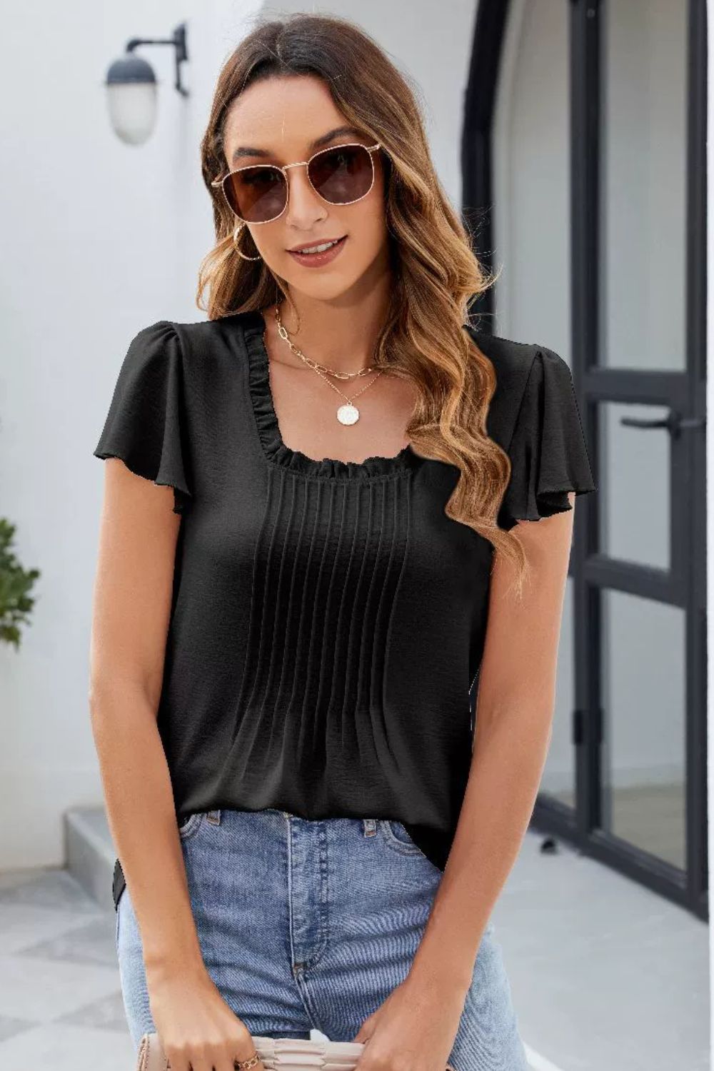 Frill Square Neck Flutter Sleeve Blouse