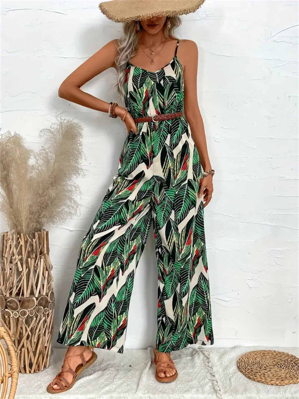 Tropical Print Spaghetti Strap Wide Leg Jumpsuit