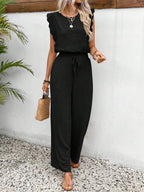 Lace Trim Round Neck Top and Pants Set