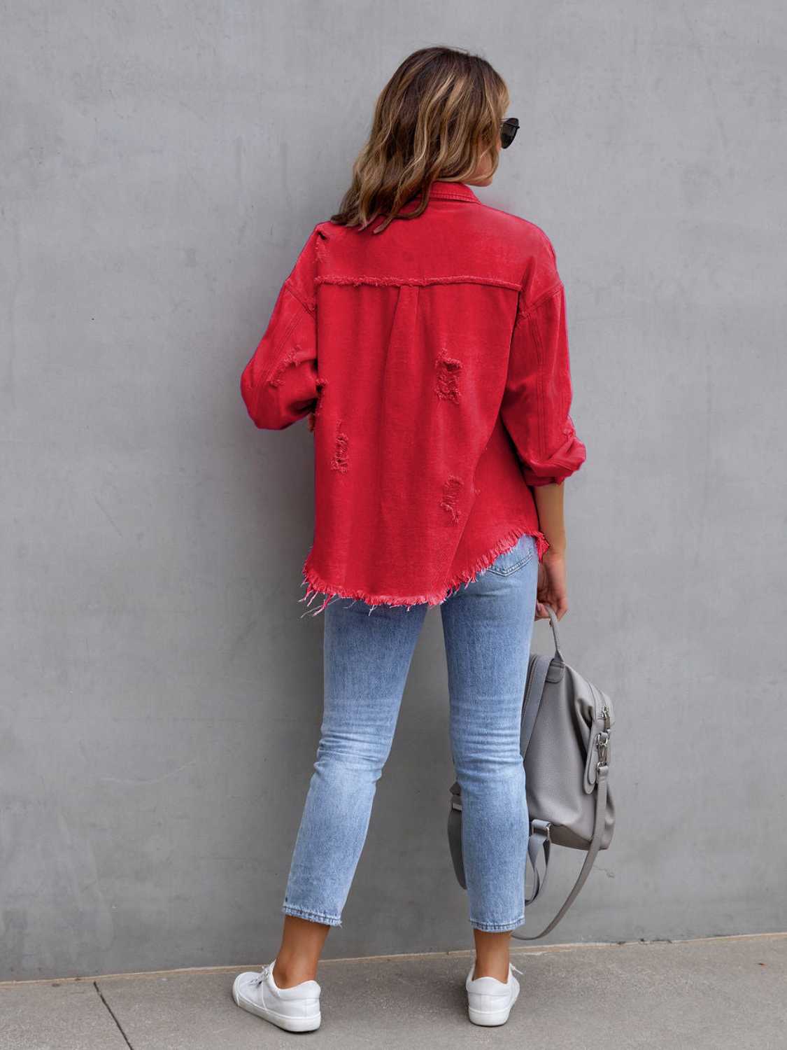 Distressed Drop Shoulder Denim Jacket - felvior