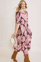 Umgee Full Size Printed Notched Puff Sleeve Midi Dress Plus Size