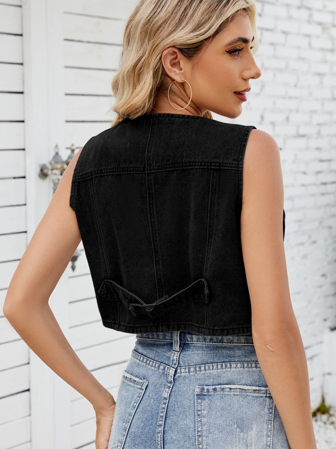 V-Neck Button Down Denim Vest - felvior